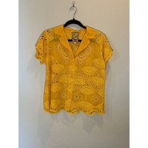 Johnny‎ Was Womens Eyelet Embroidered Button Down Shirt Yellow Small